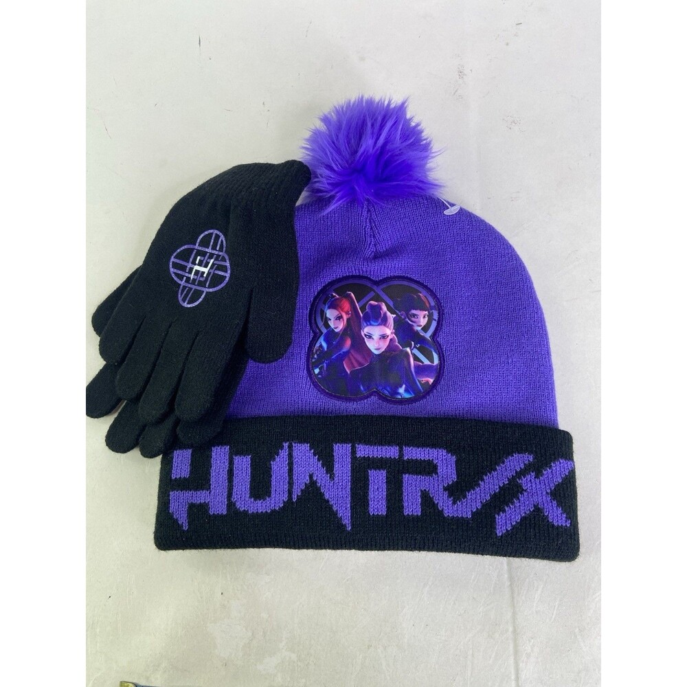 K-Pop Demon Hunters Huntrix Girls Purple Knit Pom Beanie Hat Cap With Gloves Set